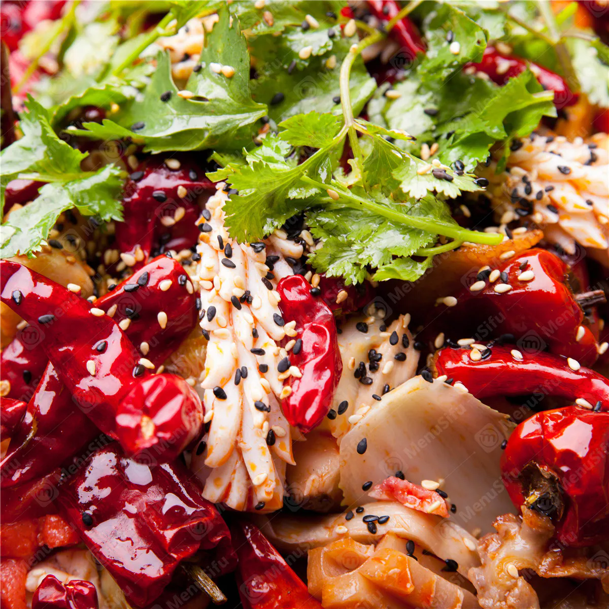 Spicy Sichuan mixed offal salad loaded with chili, cilantro and sesame seeds at Sichuan Wok, a Chinese Restaurant in Troy