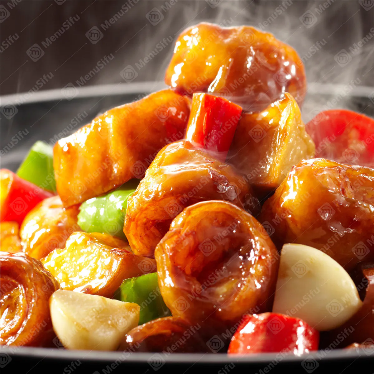 Spicy dry pot pork intestines with bell peppers and garlic in sticky sauce at Sichuan Wok, a Chinese Restaurant in Troy